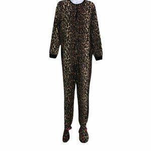 Nick & Nora Soft Fleece Unionsuit Pajamas Womens S Leopard Brown Footed Footies